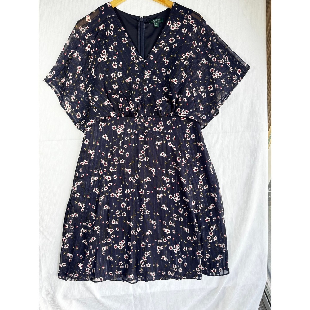 Lauren Ralph Lauren Navy Floral Metallic Stripe Chiffon Dress 10P 251725997001